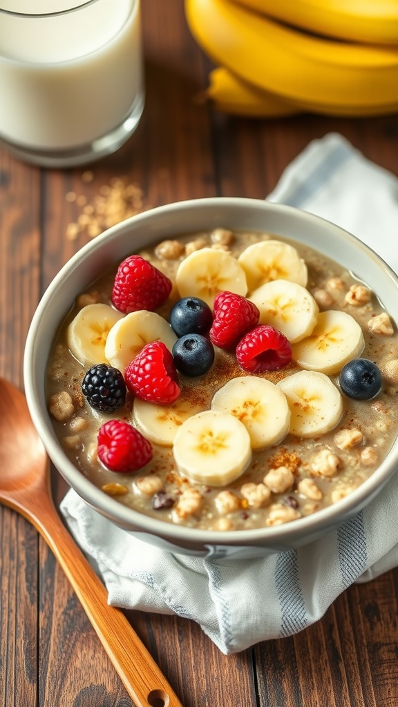 A bowl of quinoa oatmeal with bananas and berries on a rustic table.